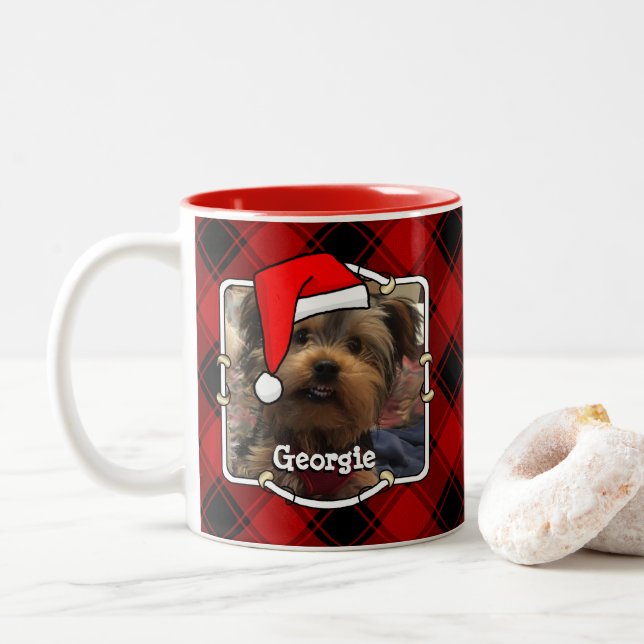 Custom Christmas Red and Black Plaid 2 Photo Frame Two-Tone Coffee Mug (With Donut)