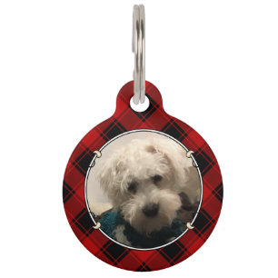 Custom Christmas Red and Black Plaid Photo Frame Pet Tag
