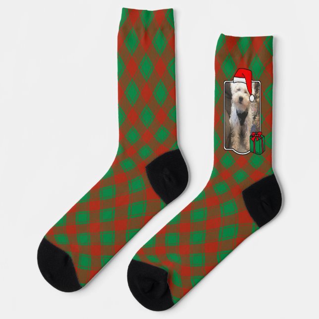 Custom Christmas Red and Black Plaid Photo Frame Socks (Left)