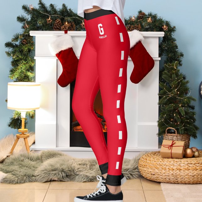 Custom Christmas Red Black White Pattern Monogram Leggings (Creator Uploaded)