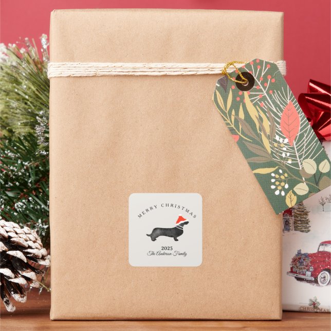 Custom Christmas red grey santa dachsund Square Sticker (Holiday)
