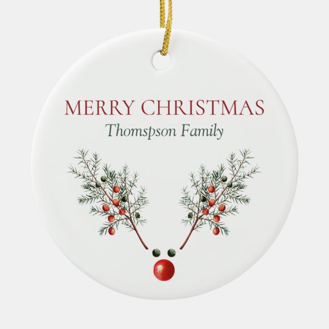 Custom Christmas Red Nosed Reindeer Pine Berries Ceramic Tree Decoration (Front)