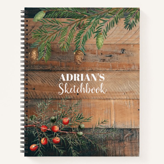 Custom Christmas Rustic Wood Xmas Sketchbook Notebook (Front)