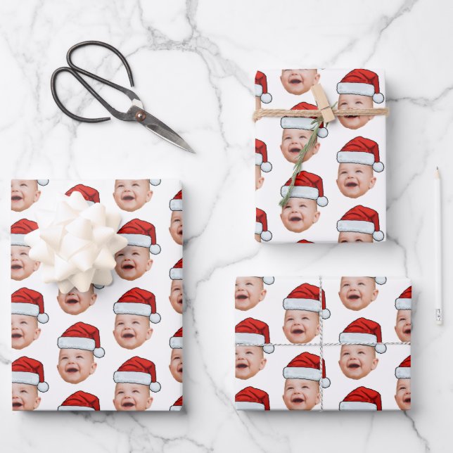 Custom Christmas Santa Hat Face Photo Wihte Wrapping Paper Sheet (Front)