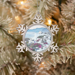 Custom Christmas Santorini Greece Snowflake Pewter Christmas Ornament