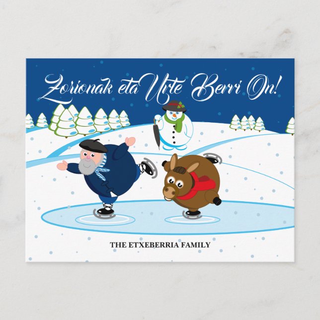 Custom Christmas scene, Olentzero ice skating, Holiday Postcard (Front)