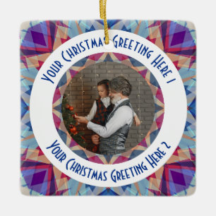 Custom Christmas Star Jolly Blue Photo Greeting Ceramic Ornament