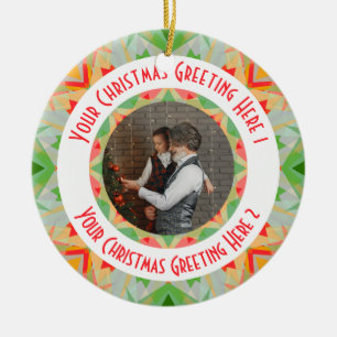 Custom Christmas Star Merry Green Photo Greeting Ceramic Tree Decoration