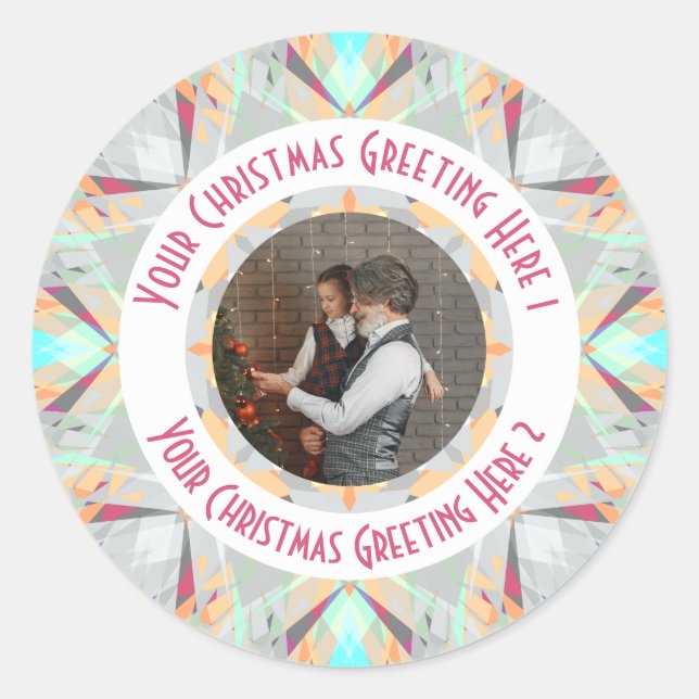 Custom Christmas Star Winter Grey Photo Greeting Classic Round Sticker (Front)