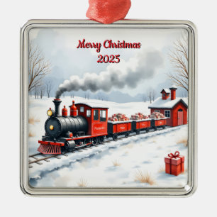 Custom Christmas Train In Snow Metal Tree Decoration