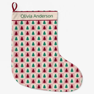 Custom Christmas Tree Burgundy Pine Green Pattern Large Christmas Stocking