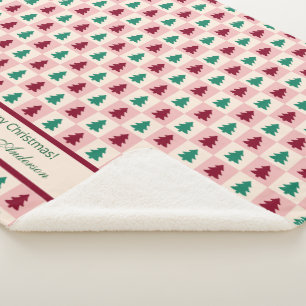 Custom Christmas Tree Burgundy Pine Green Pattern Sherpa Blanket