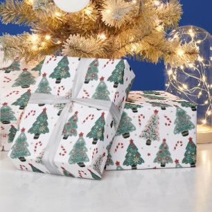 Custom Christmas Tree Candy Canes Blue Red Pattern Wrapping Paper