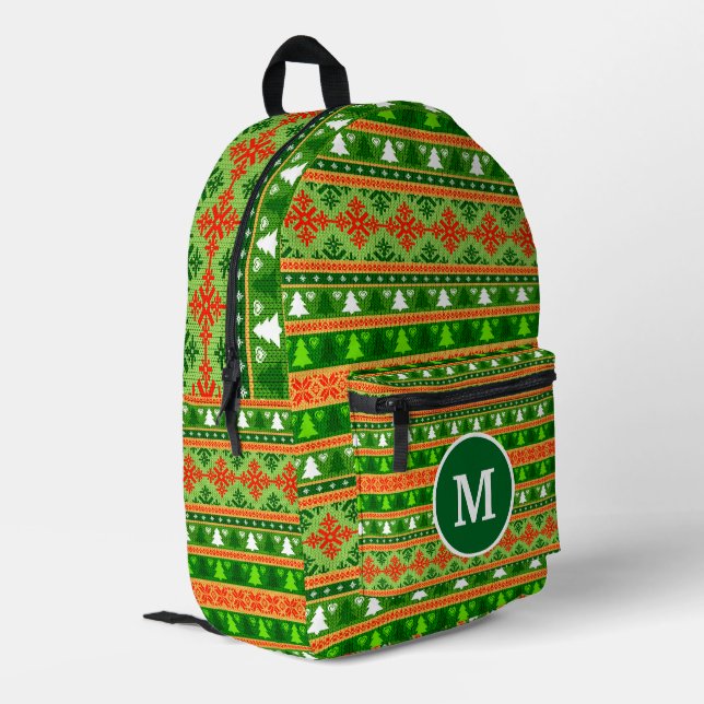 CUSTOM CHRISTMAS TREE GREEN WHITE RED ORNAMENTS  PRINTED BACKPACK (Back Corner Left)