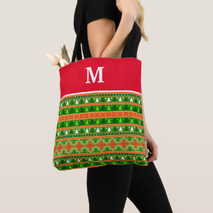 CUSTOM CHRISTMAS TREE GREEN WHITE RED ORNAMENTS  TOTE BAG