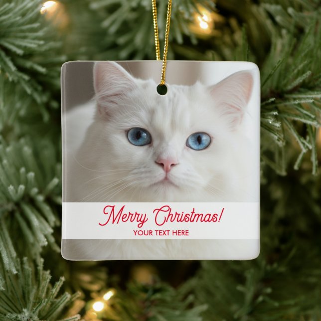 Custom Christmas tree ornament with white cat pic (Tree)