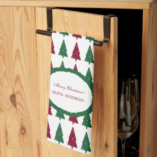 Custom Christmas Tree Pattern Burgundy Pine Green Tea Towel