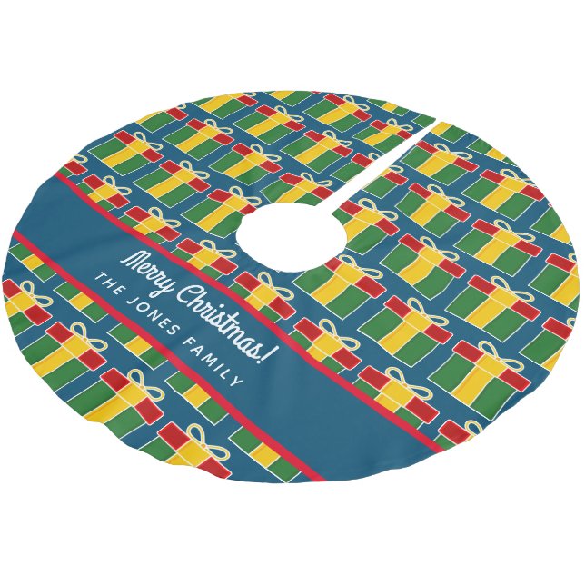 Custom Christmas tree skirt with gift box pattern (Angled)