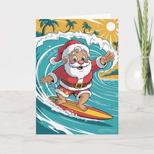 Custom Christmas Tropical Palm Tree Beach Surfing  Holiday Card (Front)
