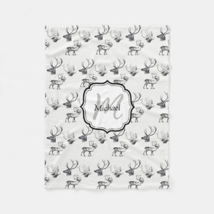 Custom Christmas Vintage Deer Head Antlers Pattern Fleece Blanket