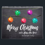 Custom Christmas Watercolor Monthly Photos Calendar<br><div class="desc">Watercolor Christmas ball ornaments and a beautiful script type adorn this design against a chalkboard background. Personalise with you family name and customise every month with your own photographs of choice.</div>