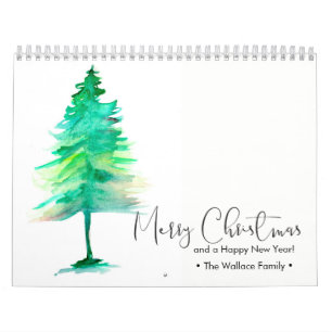 Custom Christmas Watercolor Pine Personal Photos Calendar
