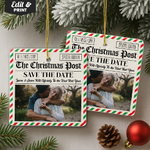 Custom Christmas Wedding Announcement Newspaper Ceramic Ornament