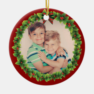 Custom Christmas Wreath Add Your Kids Photo Red Ceramic Tree Decoration