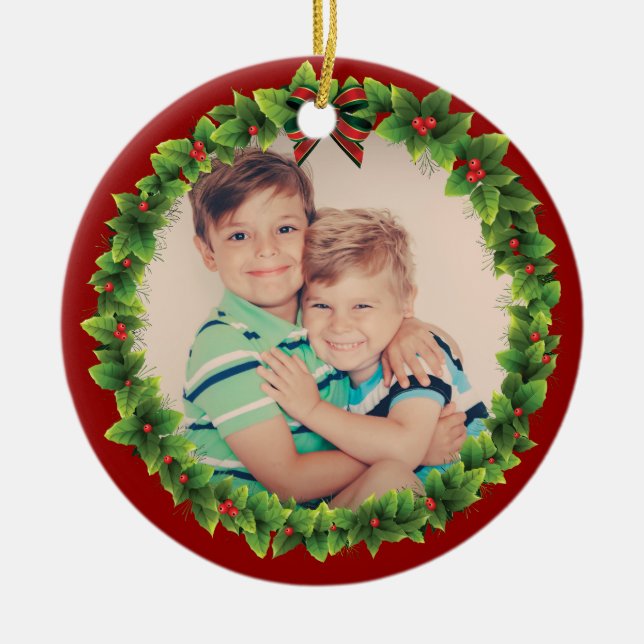 Custom Christmas Wreath Add Your Kids Photo Red Ceramic Tree Decoration (Front)