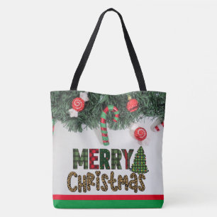 Custom Christmas Wreath, Candy cane Christmas Tree Tote Bag
