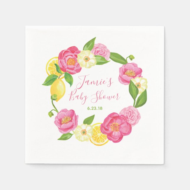 Custom Citrus Lemon Floral Rose Baby Shower Party Napkin (Front)