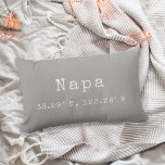 Custom City Coordinates Throw Pillow | Grey<br><div class="desc">Show your love for your hometown or current city with our custom coordinates lumbar throw pillow. Shown for Napa, California, our neutral grey and white pillow features your city name and latitude and longitude in white vintage typewriter lettering. Enter your city name and coordinates using the fields provided, or use...</div>
