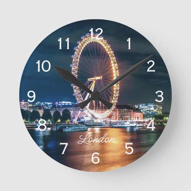 Custom Cityscape Ferris Wheel Night Travel London Round Clock (Front)