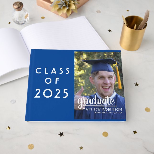 Custom Class of 2022 Graduation Blue Photo  Guest Book (Front Open)