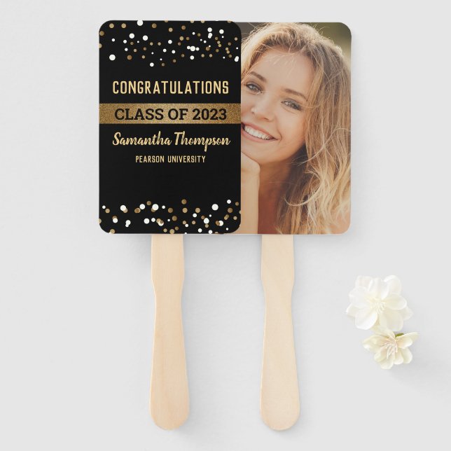 Custom Class of 2023 gold black Graduate photo  Hand Fan (Front and Back)