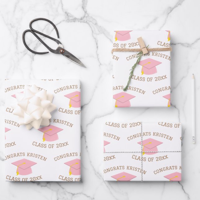 Custom Class of 20xx Pink Graduation Cap Gift Wrapping Paper Sheet (Front)