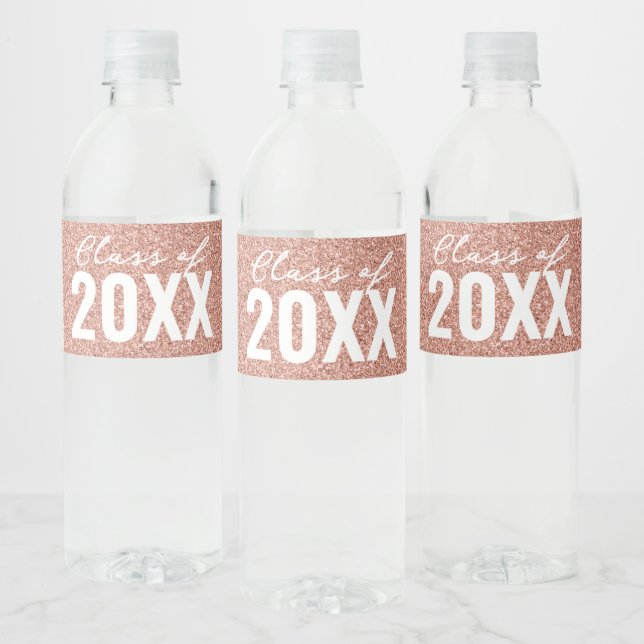 Custom Class Year Rose Gold Glitter Water Bottle Label (Bottles)