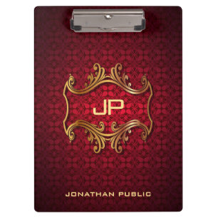 Custom Classic Elegant Black Red Damask Monogram Clipboard