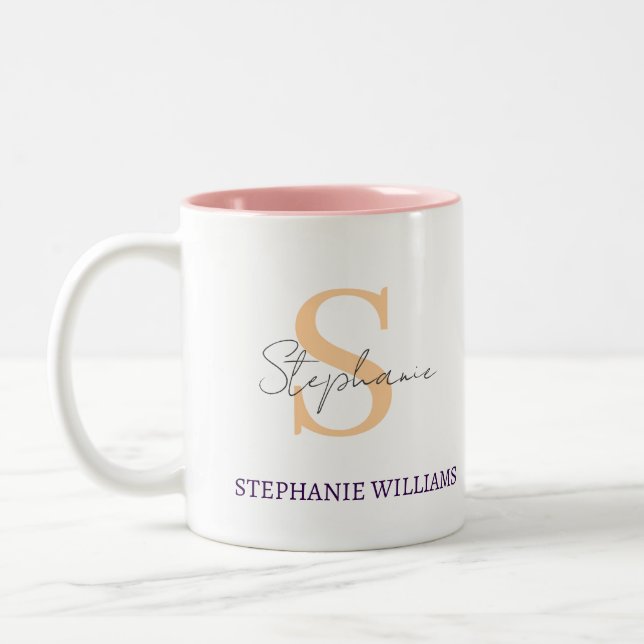 Custom Classic Elegant Black White Script Name Two-Tone Coffee Mug (Left)