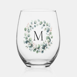 Custom Classic Green Eucalyptus Foliage Wreath Stemless Wine Glass