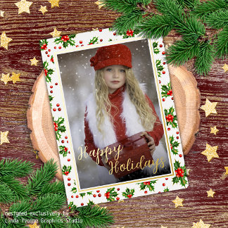 Custom Classic Green Holly Red Berries Gold Foil Holiday Postcard
