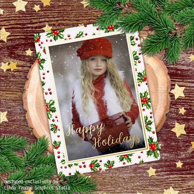Custom Classic Green Holly Red Berries Gold Foil Holiday Postcard (Creator Uploaded)