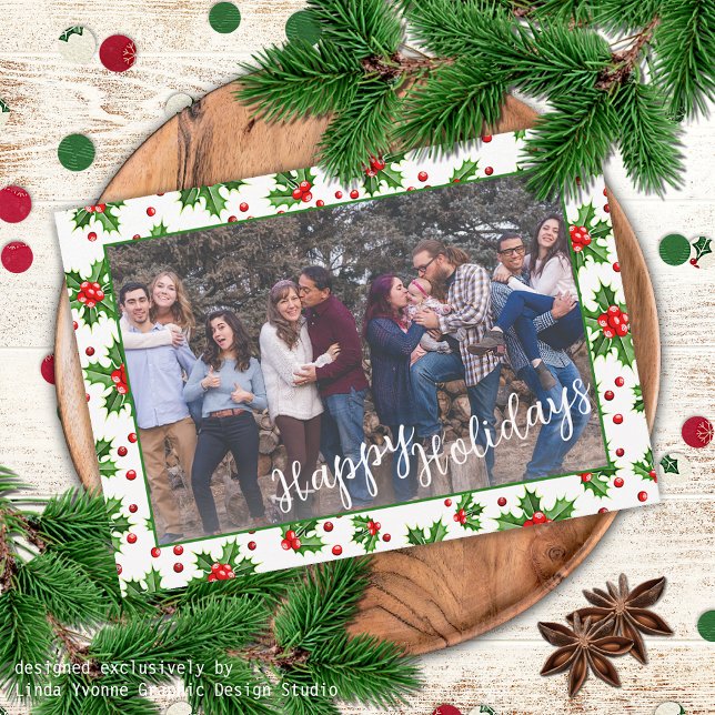 Custom Classic Green Holly Red Berries Holiday Card (Creator Uploaded)