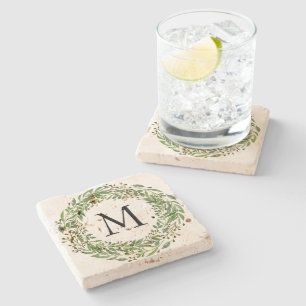 Custom Classic Green Laurel Wreath Leaves Pattern Stone Coaster