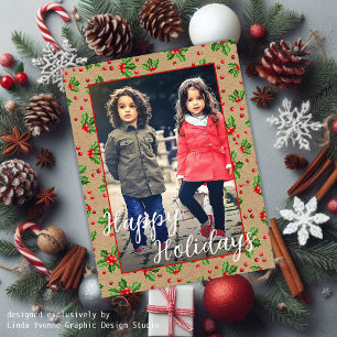 Custom Classic Holiday Green Holly Red Berries Postcard