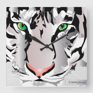 CUSTOM CLOCK- TIGER-WHITE/GREY SQUARE WALL CLOCK