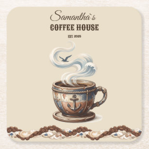 Custom Coastal Cafe Branding Square Paper Coaster