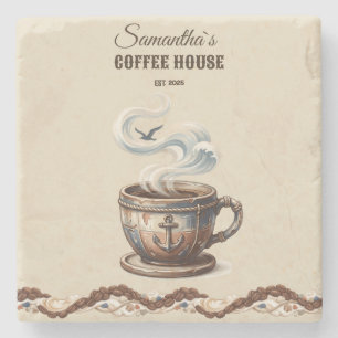 Custom Coastal Cafe Branding Stone Coaster