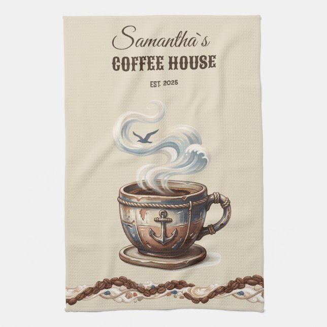 Custom Coastal Cafe Branding  Tea Towel (Vertical)