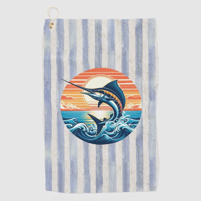 Custom Coastal/nautical/beach marlin sunset Golf Towel (Front)